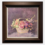 "Basket of Flowers Against Lavender" Oil Painting