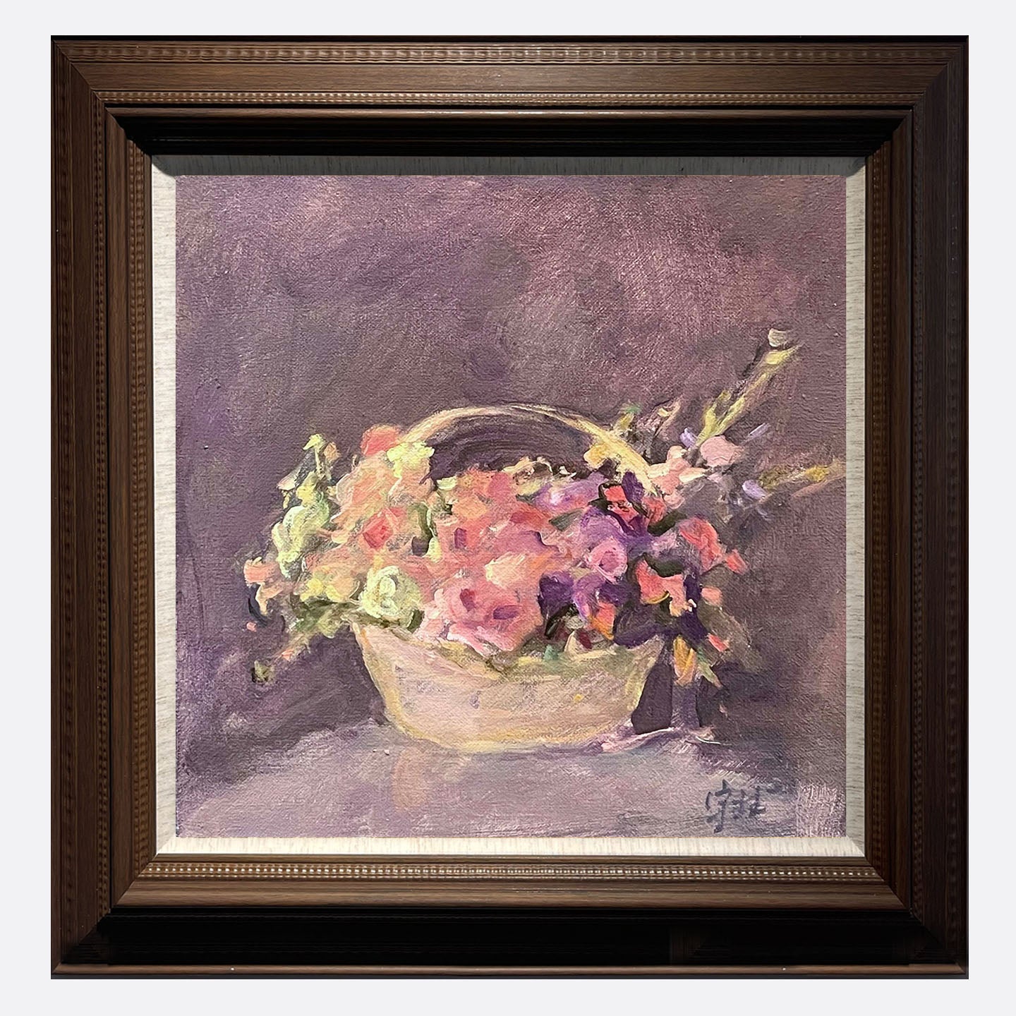 "Basket of Flowers Against Lavender" Oil Painting