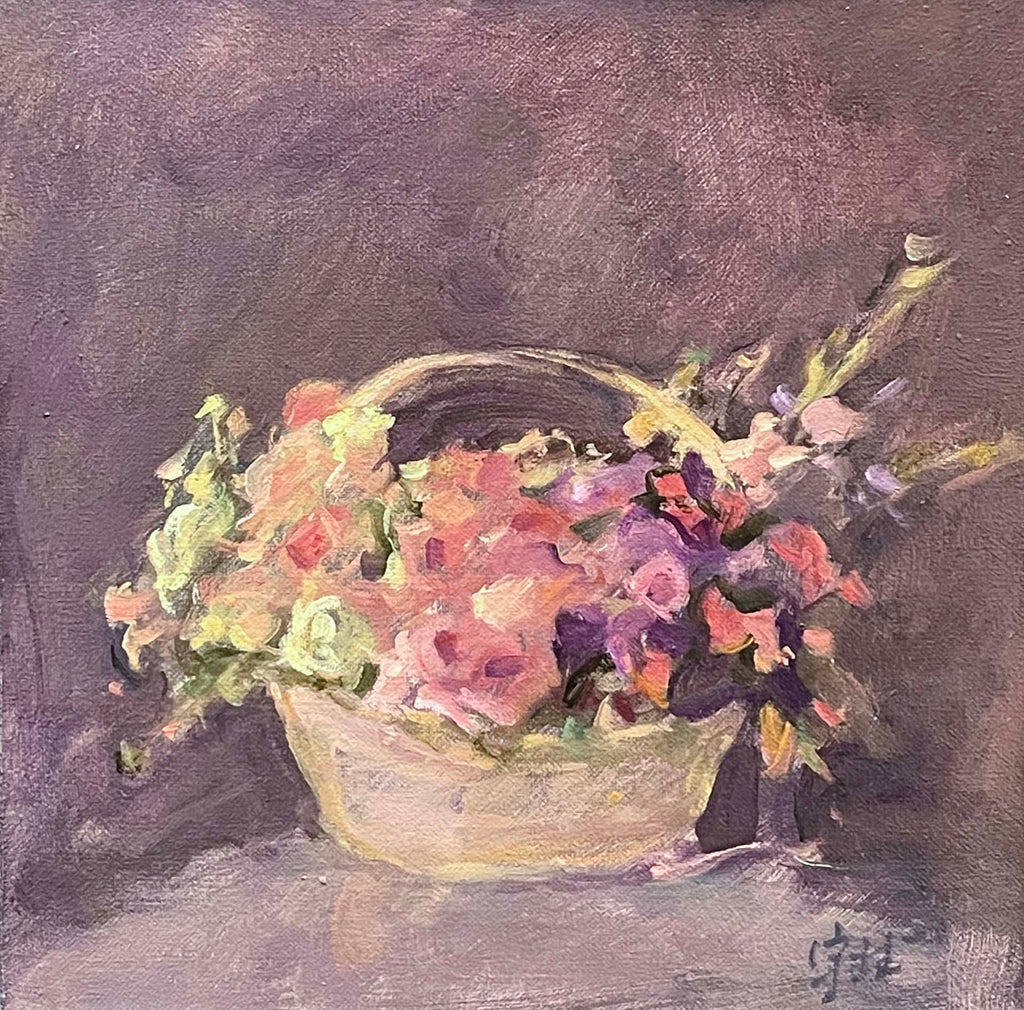 "Basket of Flowers Against Lavender" Oil Painting