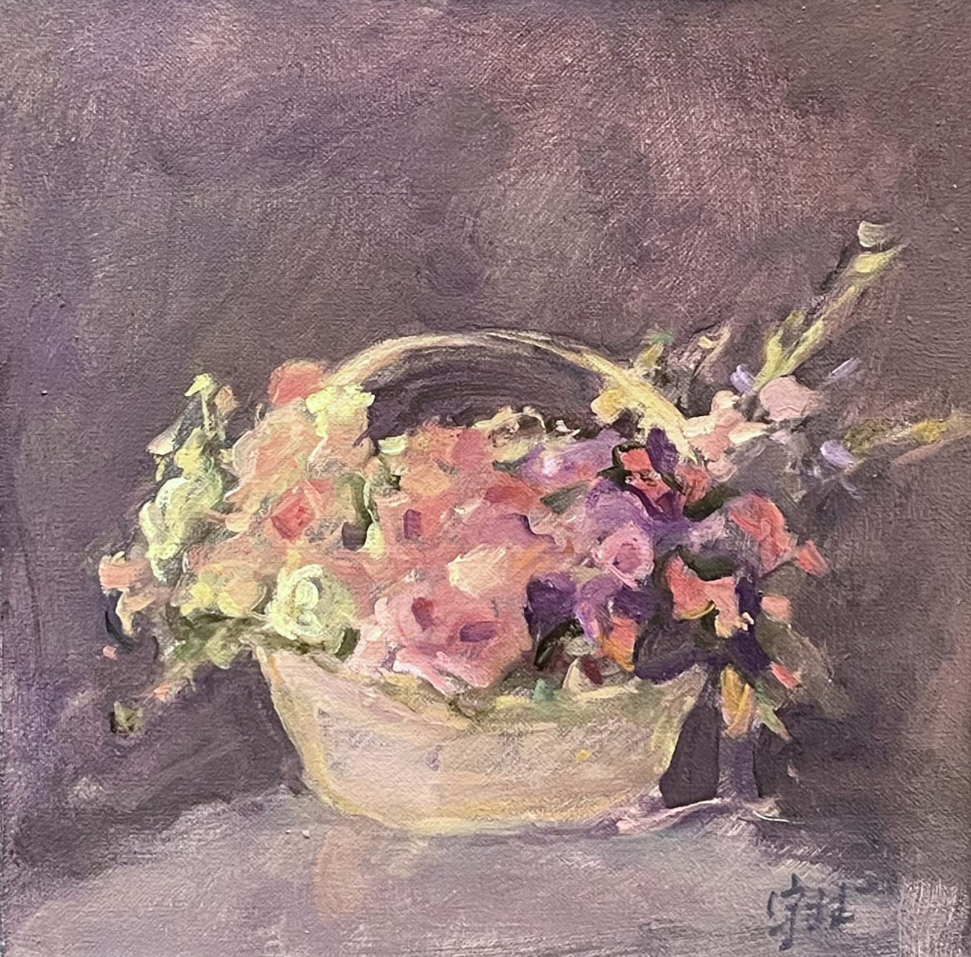 "Basket of Flowers Against Lavender" Oil Painting