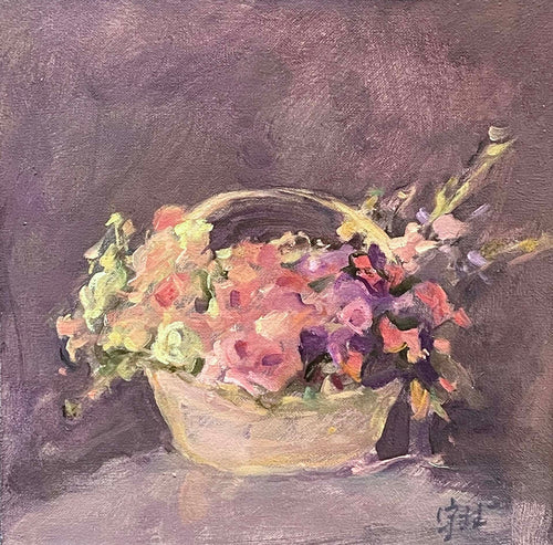 "Basket of Flowers Against Lavender" Oil Painting