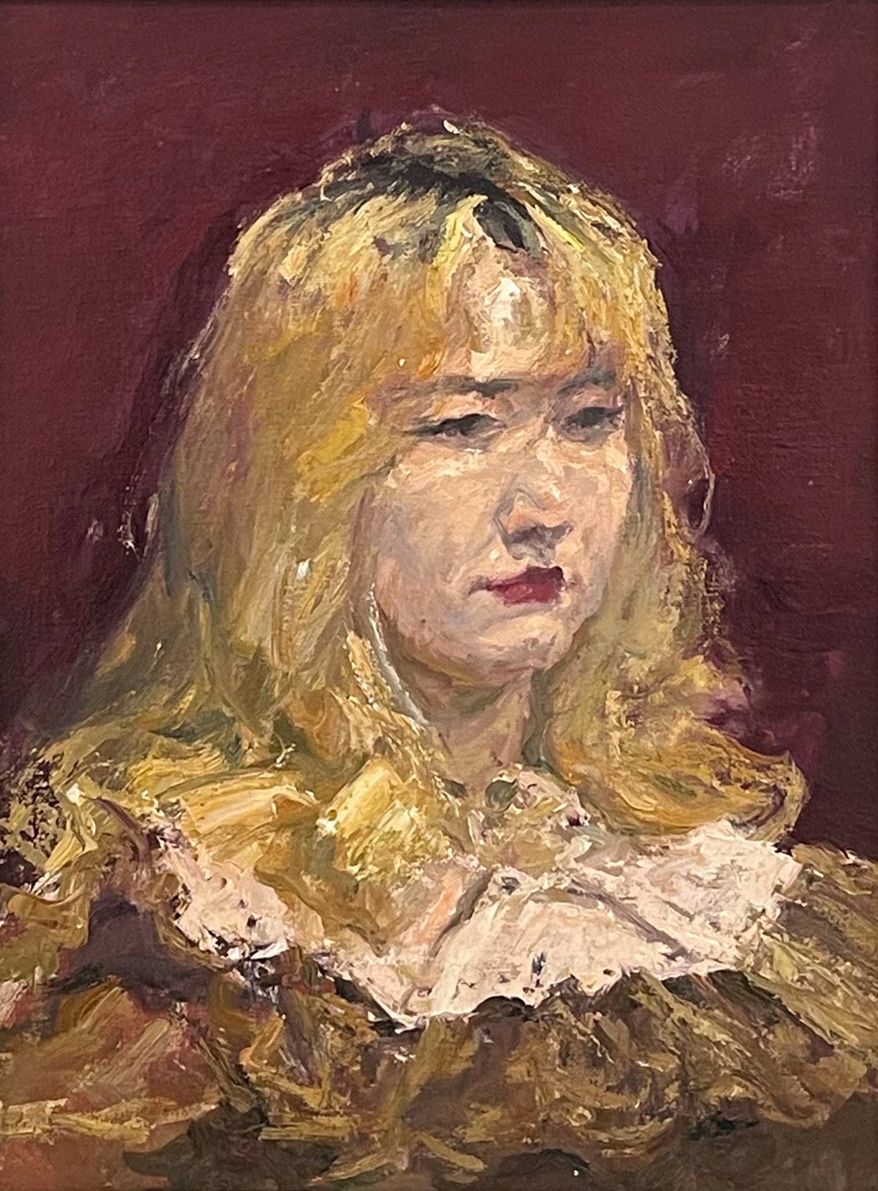 "Golden Curls Against Crimson" Oil Painting