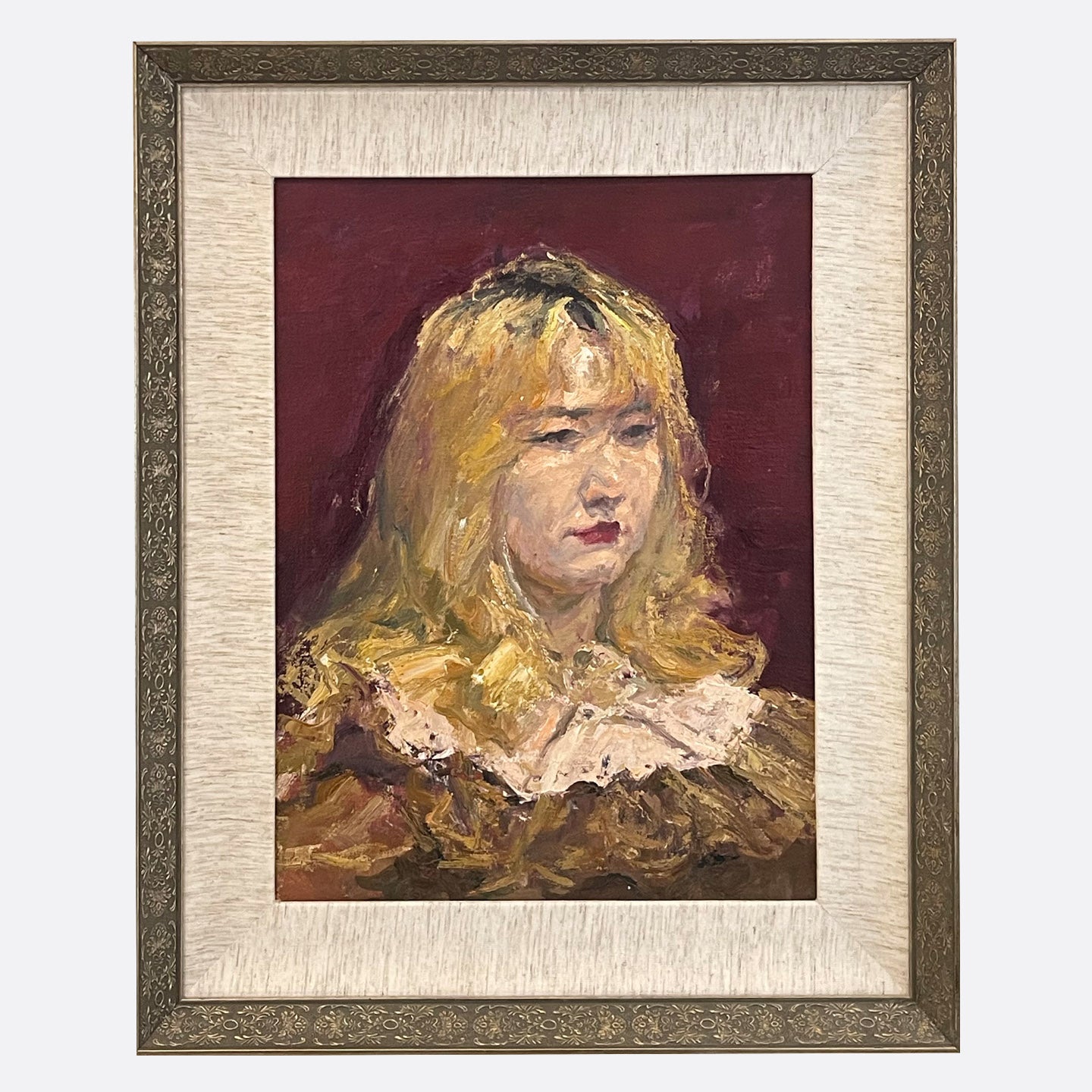 "Golden Curls Against Crimson" Oil Painting