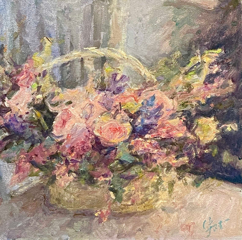 "Spring Blooms in a Basket" Oil Painting