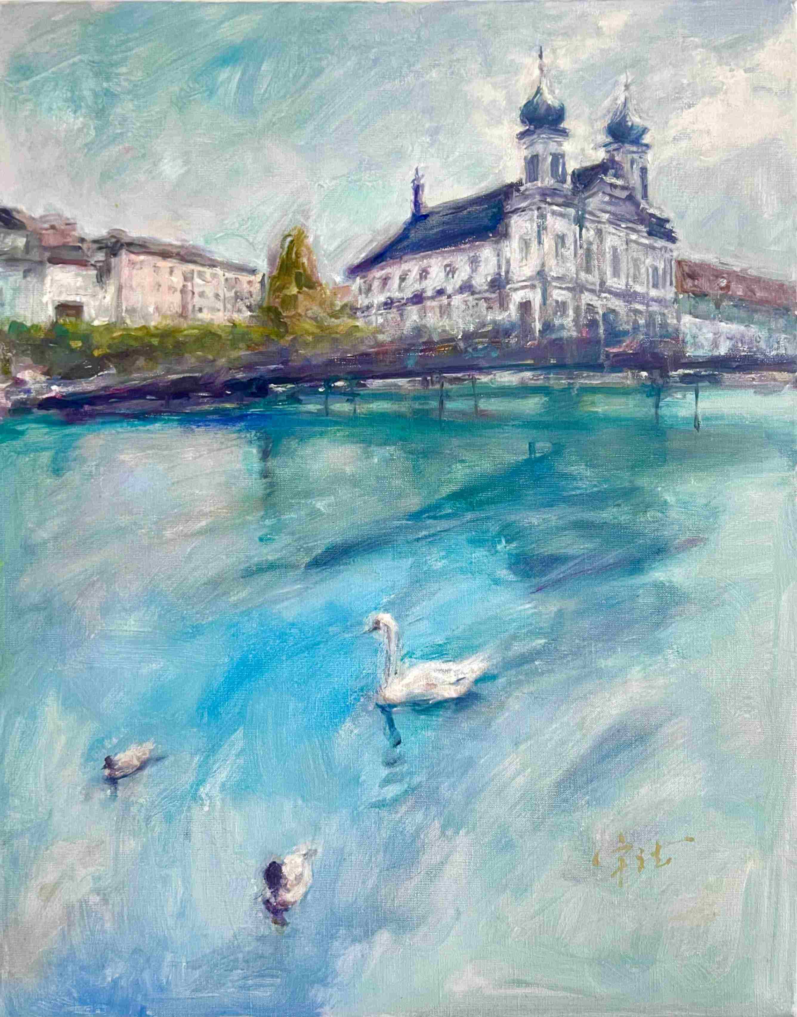 "Swan (Blue Tone)" Oil Painting