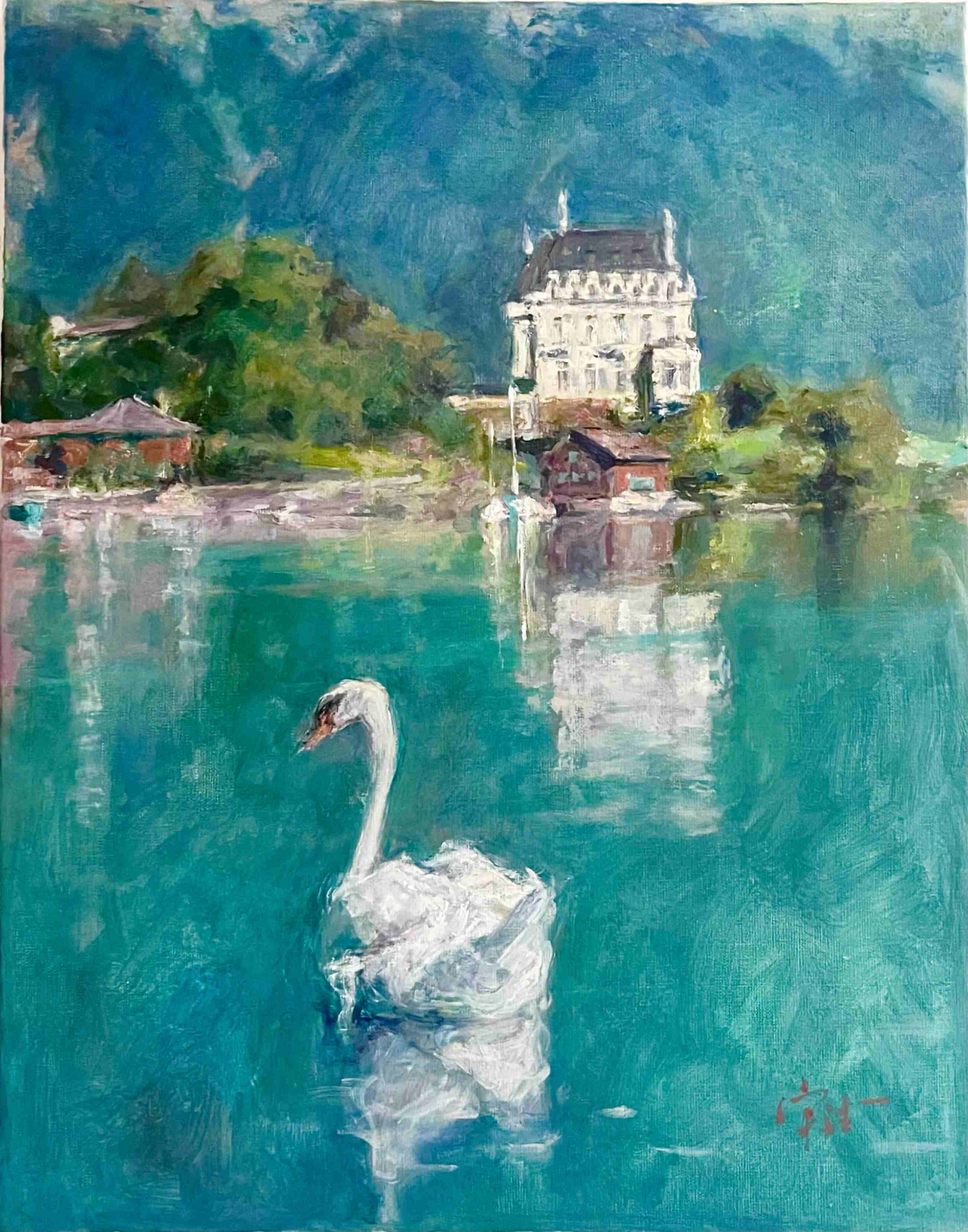 "Swan (Green Tone)" Oil Painting