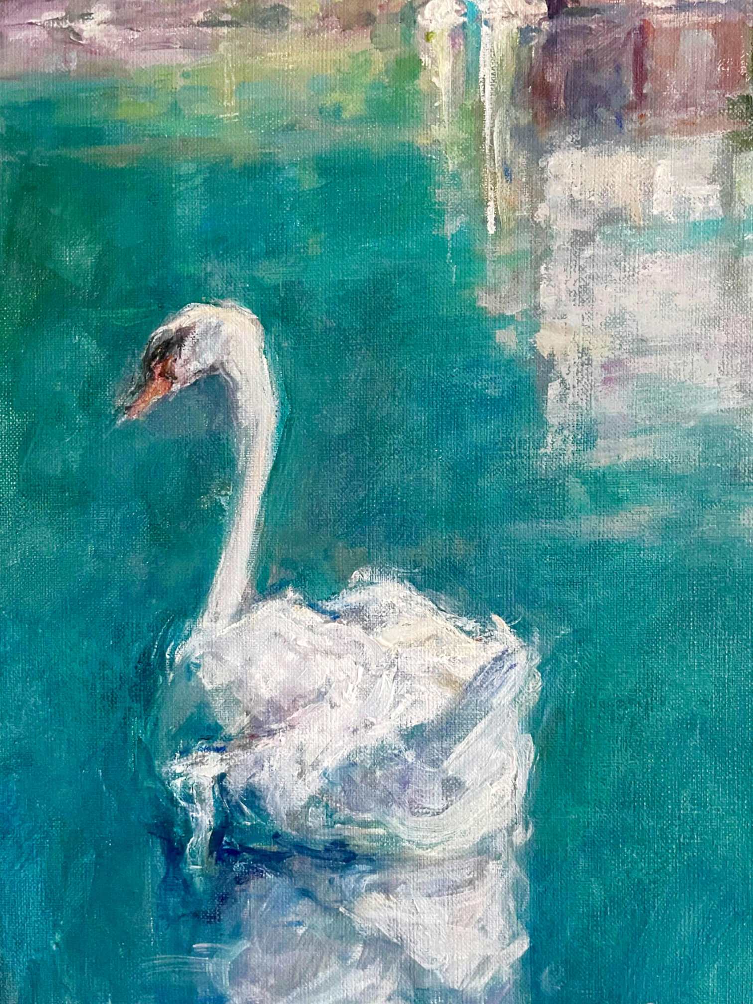"Swan (Green Tone)" Oil Painting