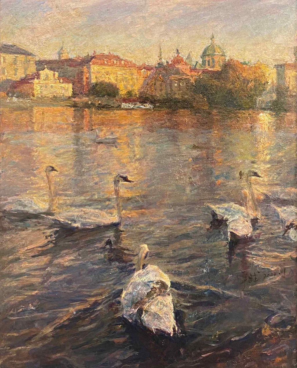 "Swans of the Vltava River Collection05" Oil Painting