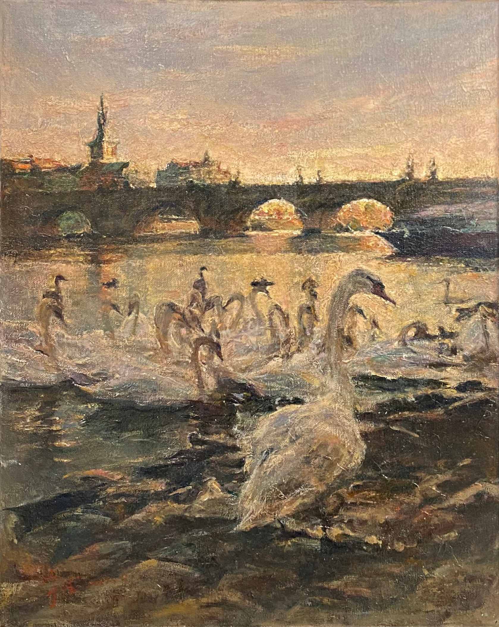 "Swans of the Vltava River Collection07" Oil Painting
