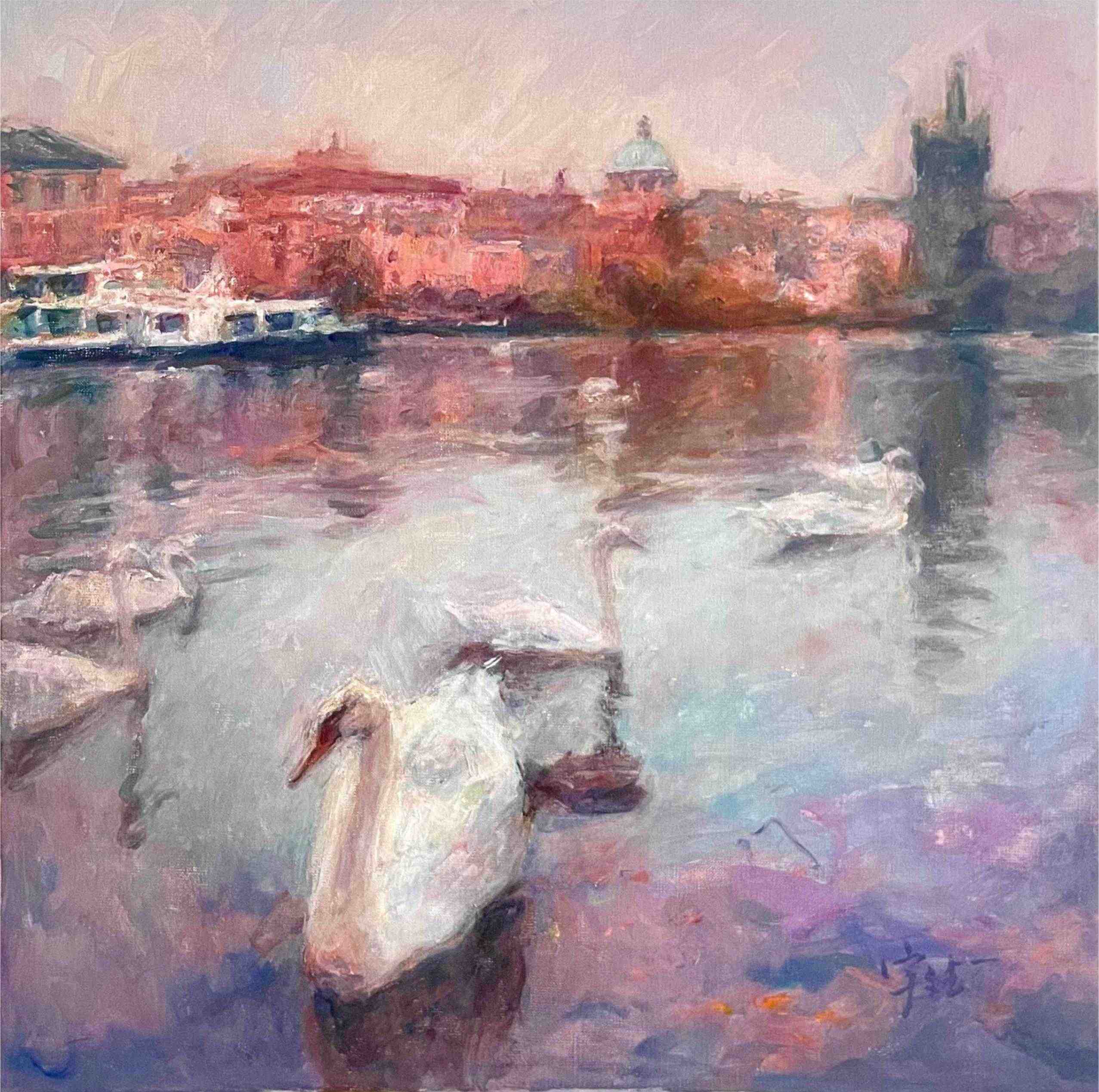 "Swans Of The River" Oil Painting