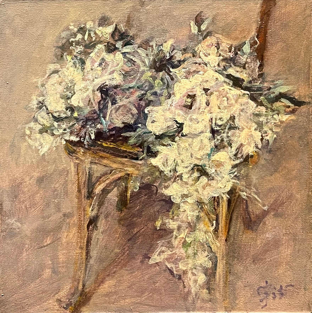 "White Roses by the Chair" Oil Painting