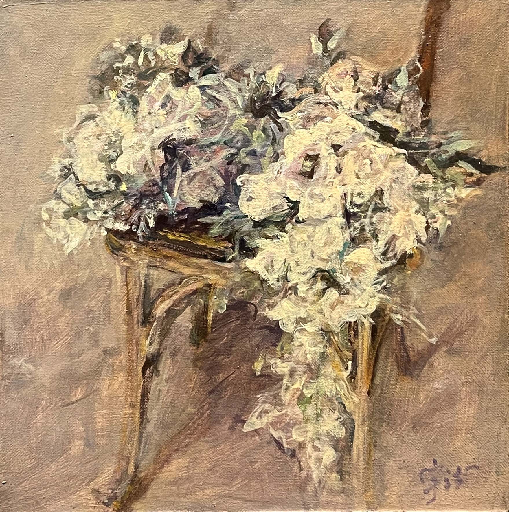 "White Roses by the Chair" Oil Painting
